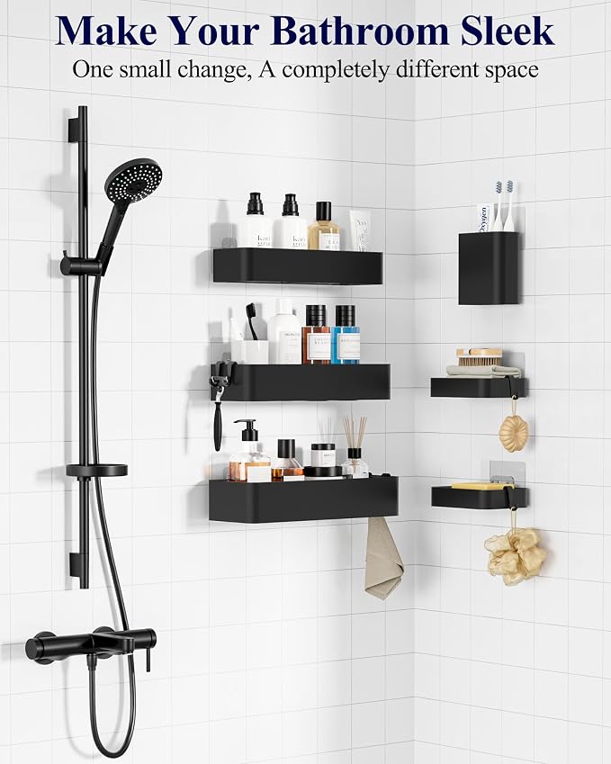 Kitsure Large Shower Caddy - Adhesive 6-Pack Bathroom Shelves, Black | No-Drilling Rustproof Shelves with Soap Holder, Toothbrush Holder, 6 Hooks, Stylish Bathroom Organizers and Storage Solution