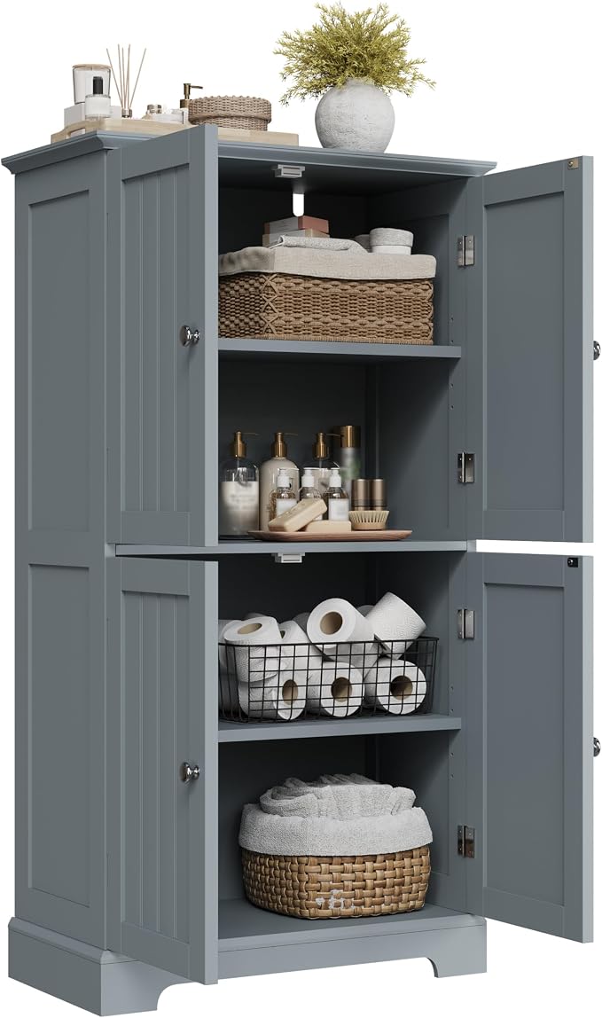 ChooChoo Bathroom Floor Cabinet with Adjustable Shelves | Bathroom Storage Cabinet, 4 Doors, Freestanding Cupboard for Living Room, Grey