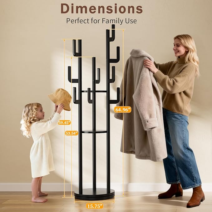 Yoobure Rotary Coat Rack Freestanding - Solid Wood Coat Tree with 9 hooks & 3 Storage Shelves for Purse, Bag, Jacket, Hat, Corner Hanger Stand Racks for Hall, Entryway, Office, Clothes Holder, Black