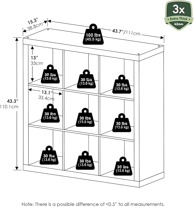 Furinno Cubicle Book Shelf, 9-Cube Bookshelf, Triple Thick Frame Cube Storage Organizer, 1.65" Bookcase, 15.4" x 43.8" x 43.4", for Home Office, Living Room, Black Oak
