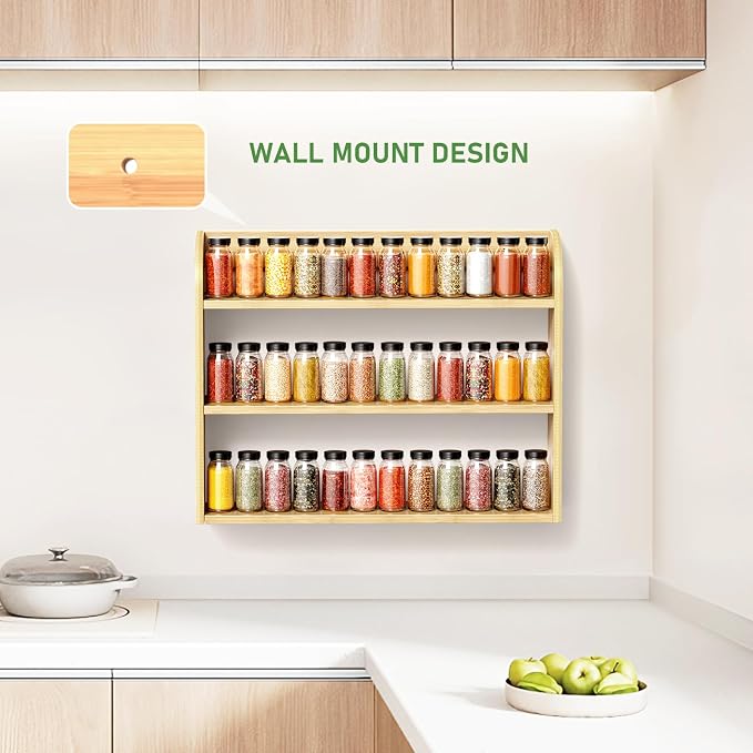 ROMGUAR CRAFT 3 Tier Long Bamboo Spice Rack, Countertop or Wall Mounting Wood Spice Jars Organizer Shelf for Kitche, Pantry (Natural)