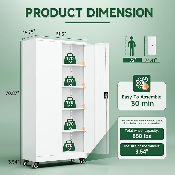 Letaya Metal Garage Storage Cabinets with Lock Door and Adjustable Shelves, Steel Tool Cabinets for Home,Office,Warehouse Organisieren (White, 75" H)