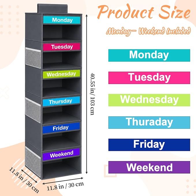 Weekly Clothes Organizer for Closet, 6-Shelf Hanging Closet Organizer with 6 Side Pockets(Grey)