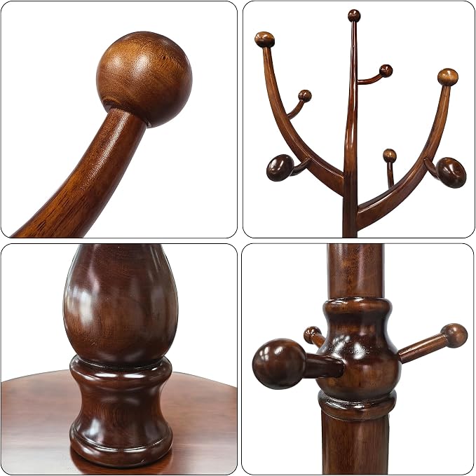 HOMEFORT Coat Rack Freestanding, Wooden Coat Tree Rack with 11 Hooks, Heavy Duty Wood Clothes Hanger with Sturdy Round Base, Vintage Coat Hat Stand for Entryway, Hallway, Bedroom,Walnut