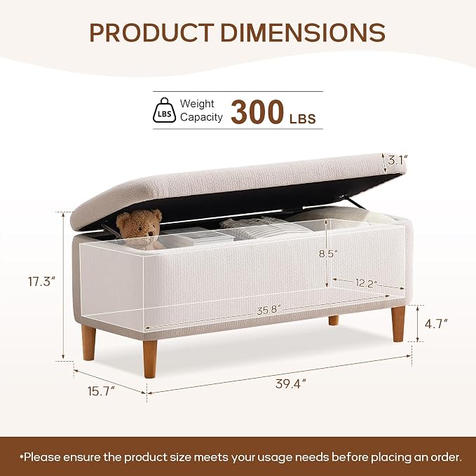 39.4" Ottoman with Storage Upholstered Storage Bench for Living Room | Modern Fabric End of Bed Bench Footstool with Wooden Legs Ottoman Bench for Window Hallway Entryway Bedroom Beige