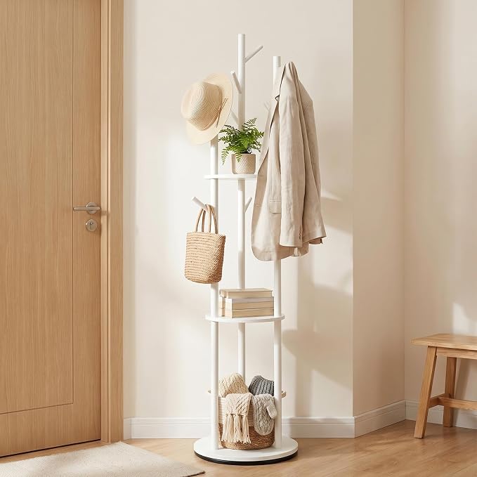 YYW 360° Wood Coat Rack Stand with Hooks and Shelves, Free Standing Rotating Organizer for Entryway, Bedroom, Small Space