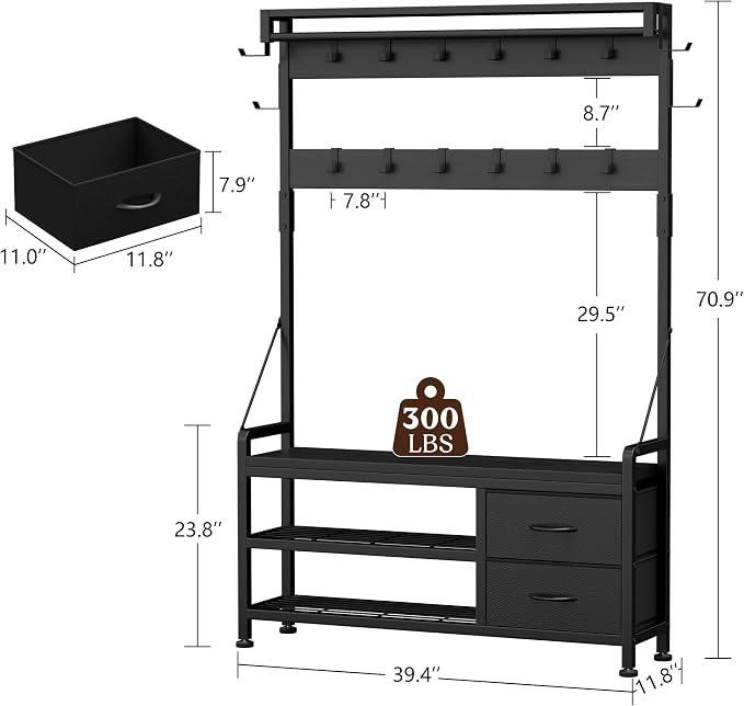 Coat Rack, 39.4” Hall Tree with Shoe Storage Bench, Black | 5 in 1 Entryway Furniture Organizer, 21 Hooks, 2 Fabric Drawers, Handy Clothes Rail