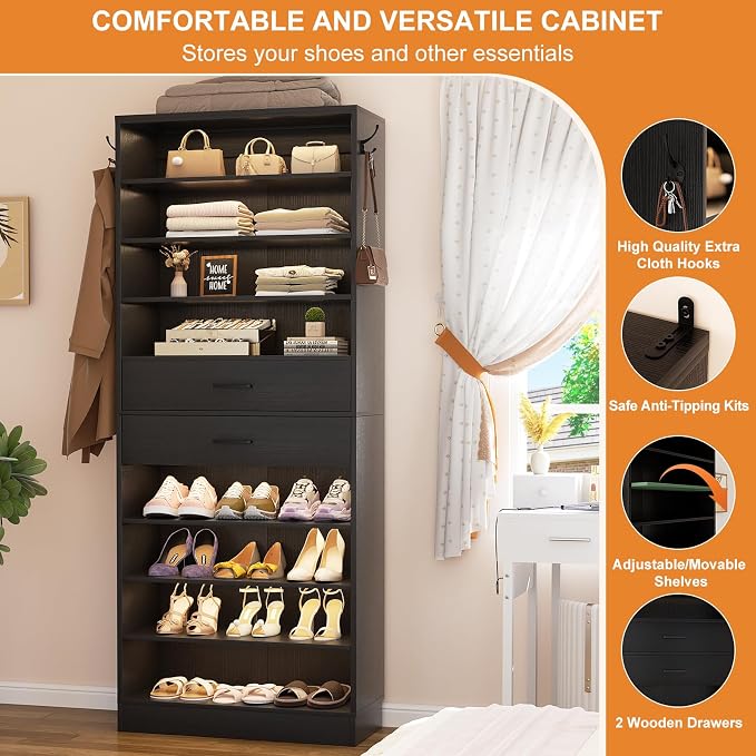 Aheaplus Tall Shoe Cabinet, 10 Tiers Wood Shoe Rack, Vertical Shoe Storage Organizer with 2 Drawers, Narrow Shoe Shelf Tower for 24-28 Pairs, Space Saving, for Closet, Entryway, Bedroom, Black