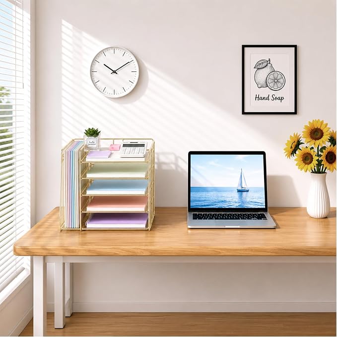 OPNICE Desk Organizer, 5-Tier Paper Organizer Letter Tray with Magazine Holder, Office Desk Accessories & Workspace Organizers, Desktop File Organizer for Office Supplies Storage, Gold