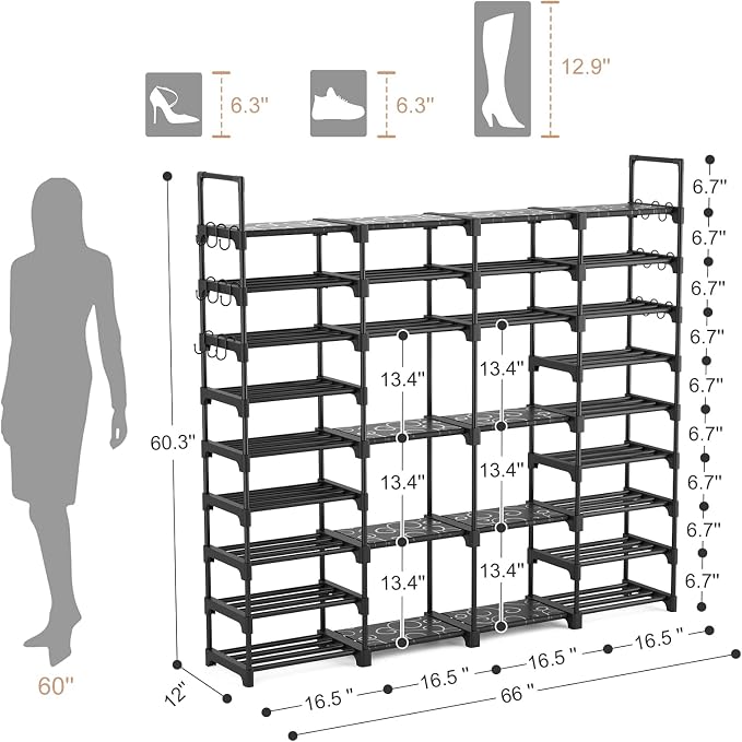 ROJASOP Large Shoe Rack Organizer for Entryway Closet 64-68 Pairs 9-Tier Heavy Duty Tall Garage Shoe Rack Shoe Shelf Shoes Storage with 18 Pcs Removable Side Hooks for Bedroom and Garage Black
