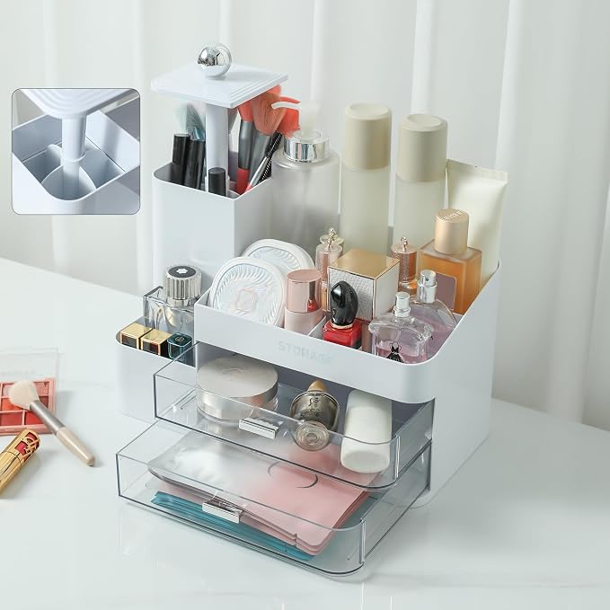 Large Makeup Organizer Countertop with Drawers, Make Up Organizer for Vanity, Makeup Storage Organizer Countertop Makeup Organizers for Skincare (Style2-White)
