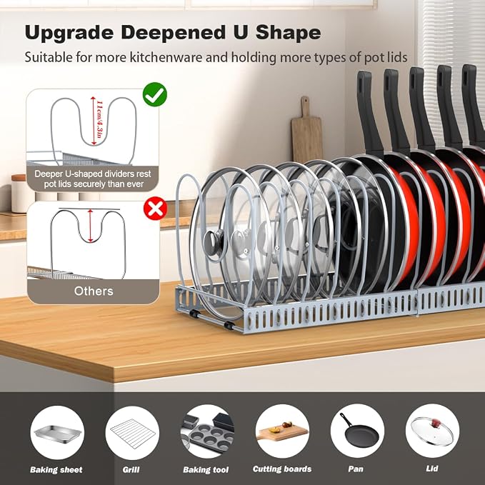 Housolution Pot and Pan Lid Organizer Holder Storage Rack, Grey | 12"-23" Expandable, 14 Adjustable Dividers, Sturdy Metal Construction, Easy Assembly