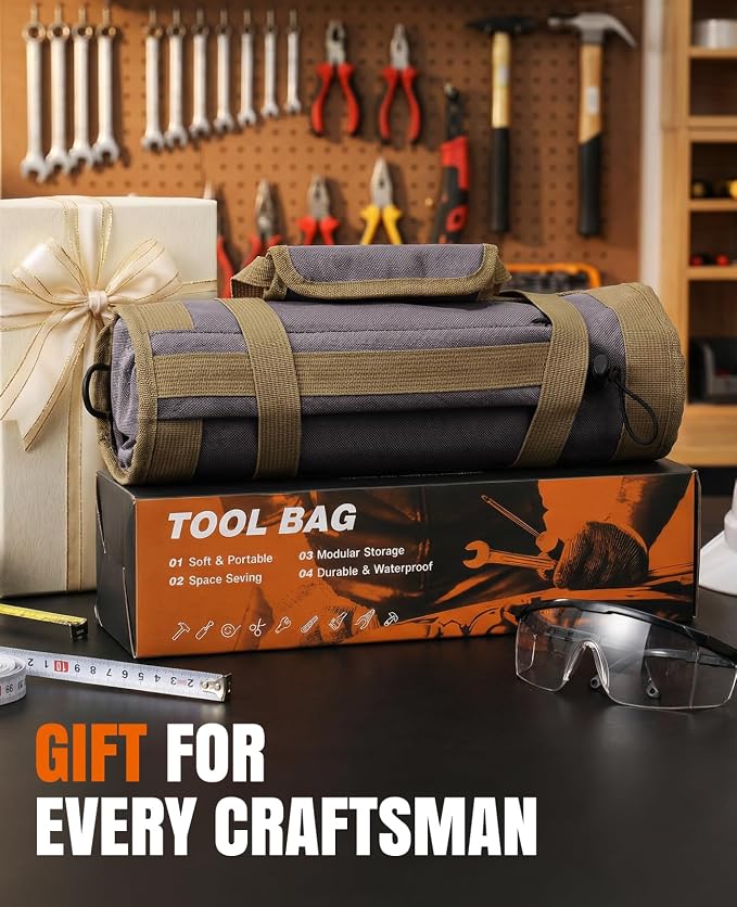 Tool Roll Up Bag, 1680D Heavy Duty Tool Bag Organizer with 2 Detachable Tool Pouches & Multiple Pockets, Waterproof Motorcycle Tool Roll for Mechanic & Electrician, Gift for Men Him Dad, 21.9"*13.8"