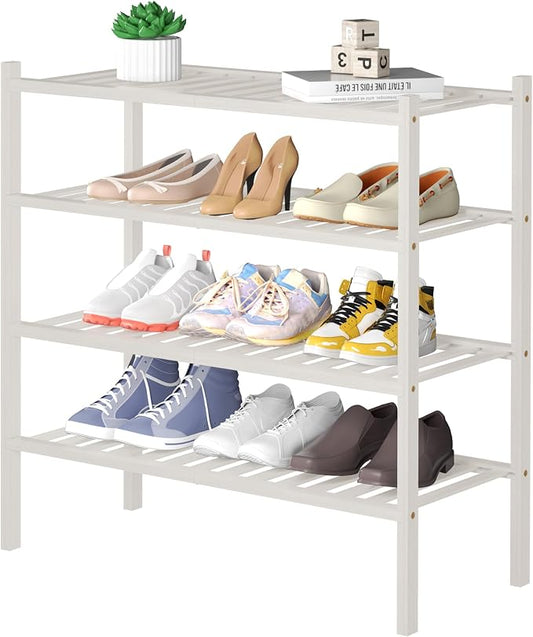 ROMGUAR CRAFT 4 Tier Bamboo Shoe Rack for Closet Free Standing Wood Shoe Shelf for Entryway Small Space Stackable 27"x11"x26" (White)