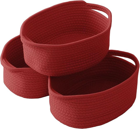 JMvicyroam Small Woven Basket, Empty Gift Basket, Red/3 Pack | Small Gift Basket, Cotton Rope, 12 x 8 x 23 in, Handles, Includes Ribbon and Bag, Birthday Gift Basket