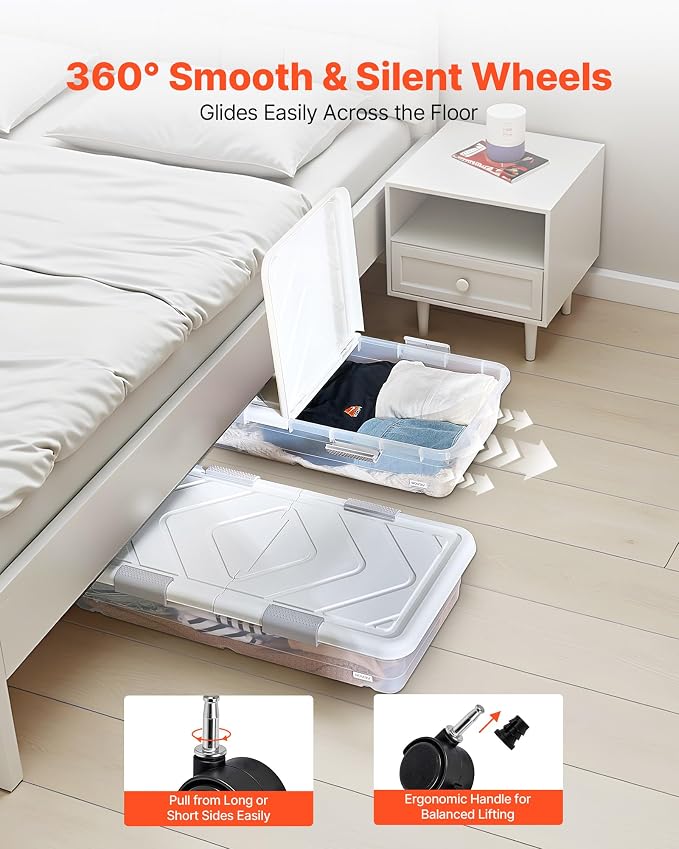 VEVOR Under Bed Storage with Wheels, 39.8 x 20.1 x 5.9 inch Underbed Containers, Underbed Shoes Organizer with Lid & Gray Latch, Rolling Under the Bed Storage Bins for Clothes Shoes Blankets, 2 Pack