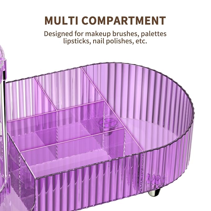 360 Rotating Vanity Makeup Organizer, 2 Small Trays & 5 Compartments for Cosmetics, Skincare, Perfume, Lipstick & Make up Brushes Holder, Purple Countertop Organizers and Storage for Dresser, Bathroom