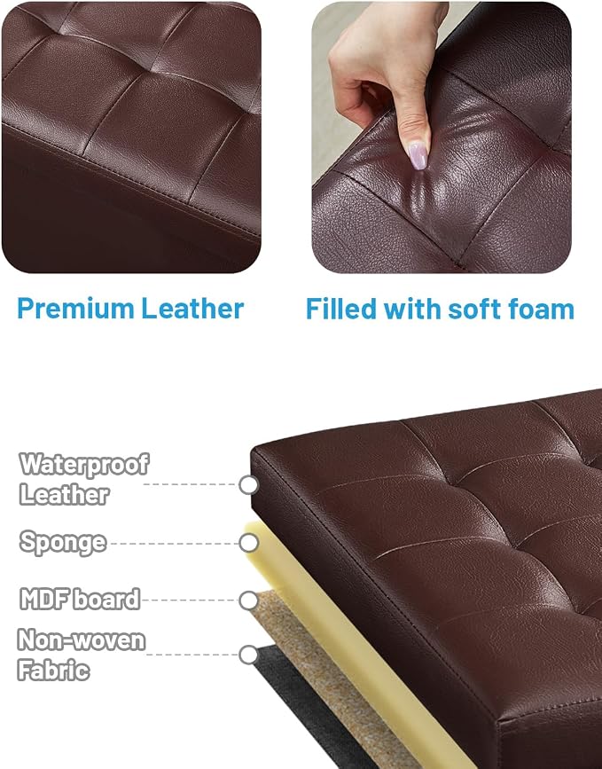 Bsketa Storage Ottoman Bench,17 Inch Folding Leather Foot Rest Stool, Brown | Small Ottoman with Side Pockets, Thicker Foam Padded Seat, Livingroom, Dorm, Bedroom, Easy to install, 43L,17x13x13in