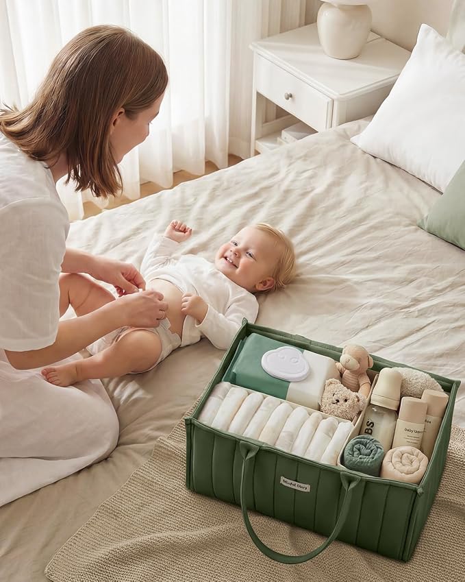 Blissful Diary Baby Diaper Caddy Organizer, Stylish Storage Basket for Newborn Essentials and Diaper Station, Gift for Baby Shower and Registry Must-Have, Deep Green