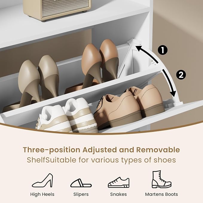 Shoe Cabinet Organizer with 2 Flip Drawers,Narrow Shoe Rack 18.9" W White | Freestanding shoe storage cabinet for entryway,foyer and hallway,slim design and space-saving flip drawers