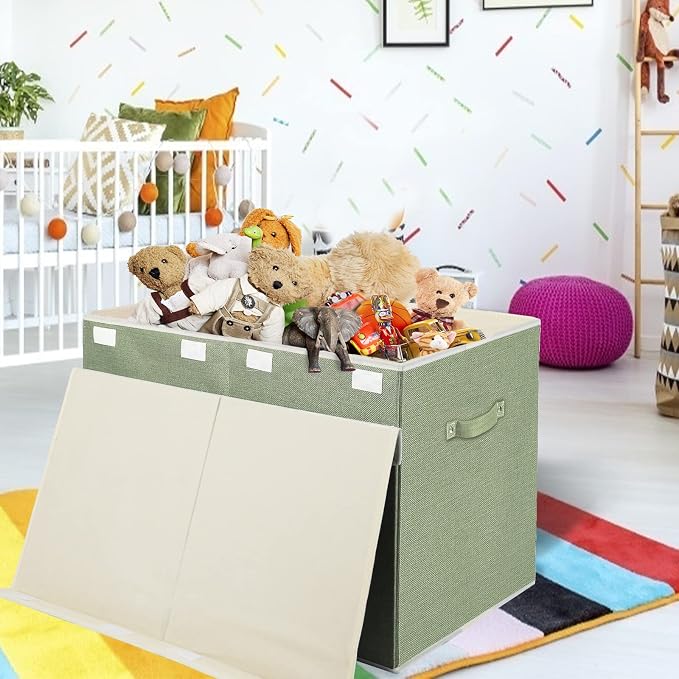 Large Toy Box Chest Storage with Lid, Collapsible Kids Toy Storage Box Bin | Toy Chest with Rivets Handles for Kids, Boys, Girls, Nursery, Playroom, Living Room, Bedroom, 25"x 13" x 16" (Linen Green)