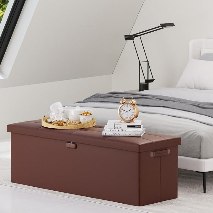 DocSafe Storage Ottoman Bench,Fireproof＆Waterproof Folding Bench with Lock(15”x 43”x15”),Leather Storage Chest with Handles＆2 Extra Boxes,Ottoman Safe for Bedroom,Living Room,Home Office,Brown