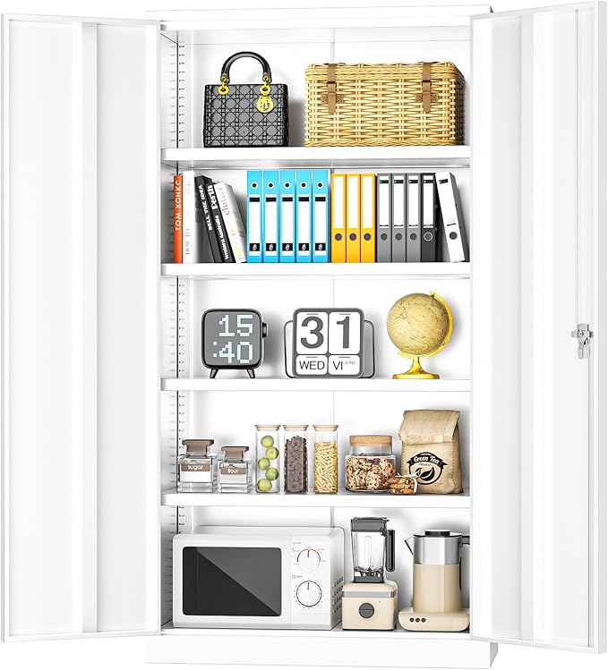 INTERGREAT White Metal Storage Cabinet Doors, 72" Locking Steel Storage Cabinet with Shelves, Tall Metal Cabinet Lockable Steel Cabinets for Home Office, Garage