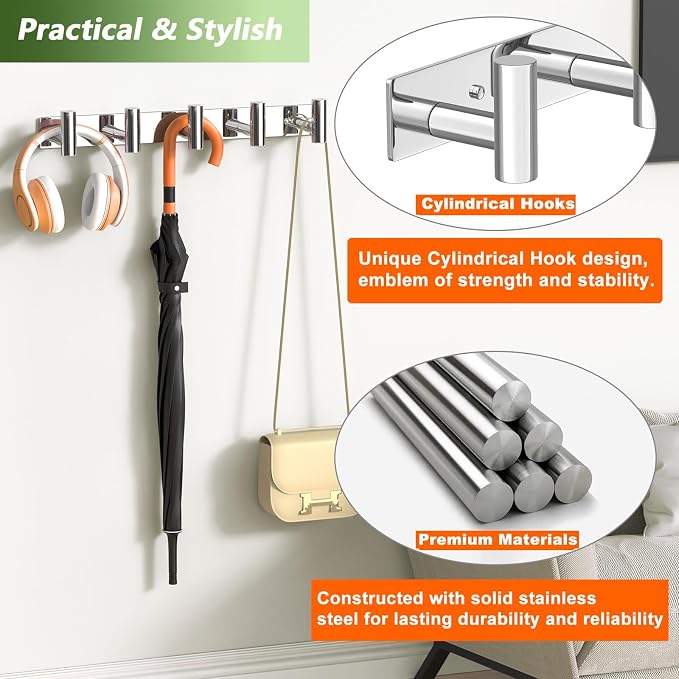 Wall Mounted Coat Rack-5 Hooks, Heavy Duty Stainless Steel Wall Hooks for Towel Coat Bag, Hat Rack Hanger Coat Hooks Towel Racks for Bathroom Entryway Kitchen Hotel (Glossy Chrome, 1 Pack)