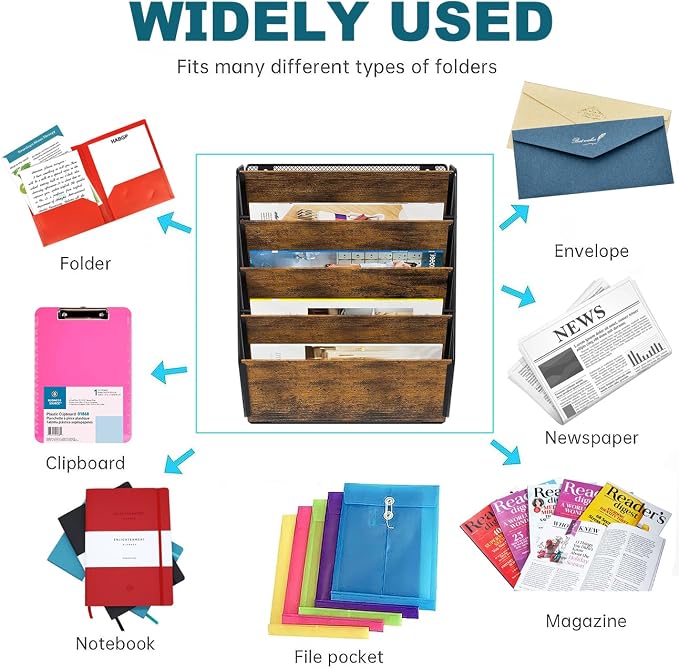 Wall File Organizer for Office, 5-Tier Rustic Hanging File holder Wall Storage Rack for Documents/Magazine/Literature/File Folders/Mails/Envelopes, Brown