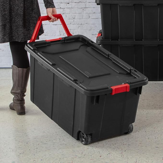 Sterilite Industrial Storage Tote w/Wheels for Garage, 40 Gallon, 8-Pack | Heavy-Duty and Stackable Utility Box Containers for Home, Office, and Basement Organization, Black
