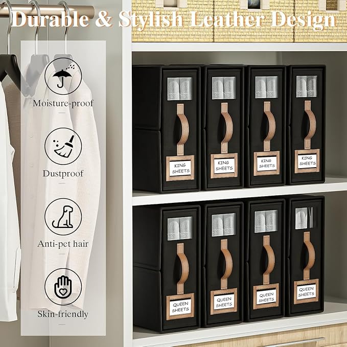 6 Pack Foldable Bed Sheets Set Organizers and Storage(King & Queen Size),Linen Fabric Closet Organizers with Window,Folding Bedding Storage Box for Bedsheets and Pillow Cube Organizer-Black