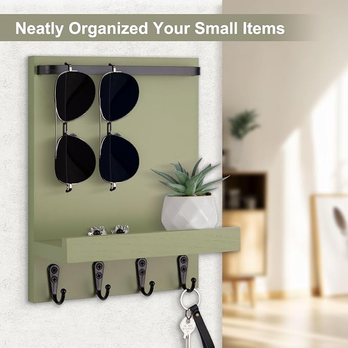 Key Holder Wall Mount, Key Holder for Wall with 4 Hooks, Farmhouse Key Hanger Holds Dog Leash, Sunglasses – Decorative Mail Organizer Home Decor