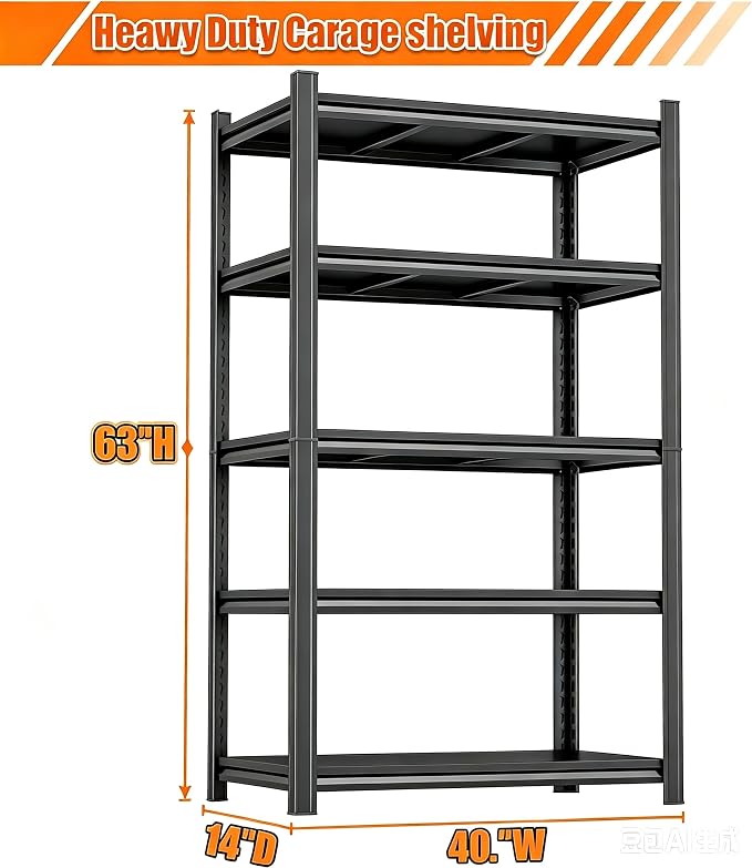 Garage Shelving, Heavy Duty Adjustable Boltless Metal Storage Shelves | 3000 LBS Industrial Steel Rack for Pantry Kitchen Basement Warehouse Storage, 63"Hx 40"Wx 14D"