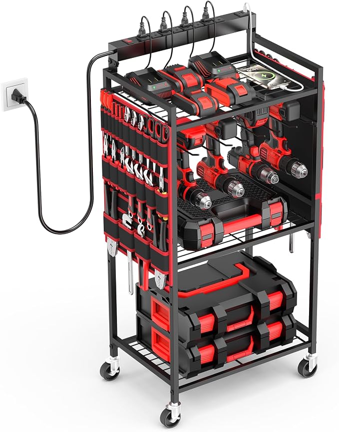 JUNNUJ Power Tool Charging Organizer Cart, 8 Outlet 3 USB, 6 FT Cord, Red | Floor Rolling, Large Tools Storage Cart on Wheels, Heavy Duty Drill Battery Station, Utility Rack Shelf for Garage Workshop