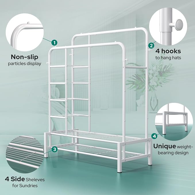 Clothes Rack with Shelves, Double Rods Clothing Rack for Bedroom, White | Metal Garment Rack for Hanging Clothes, 2 Bottom Shelves & 4 Side Shelves, 220 LBS Clothes Racks for Laundry Room, Dorm Room