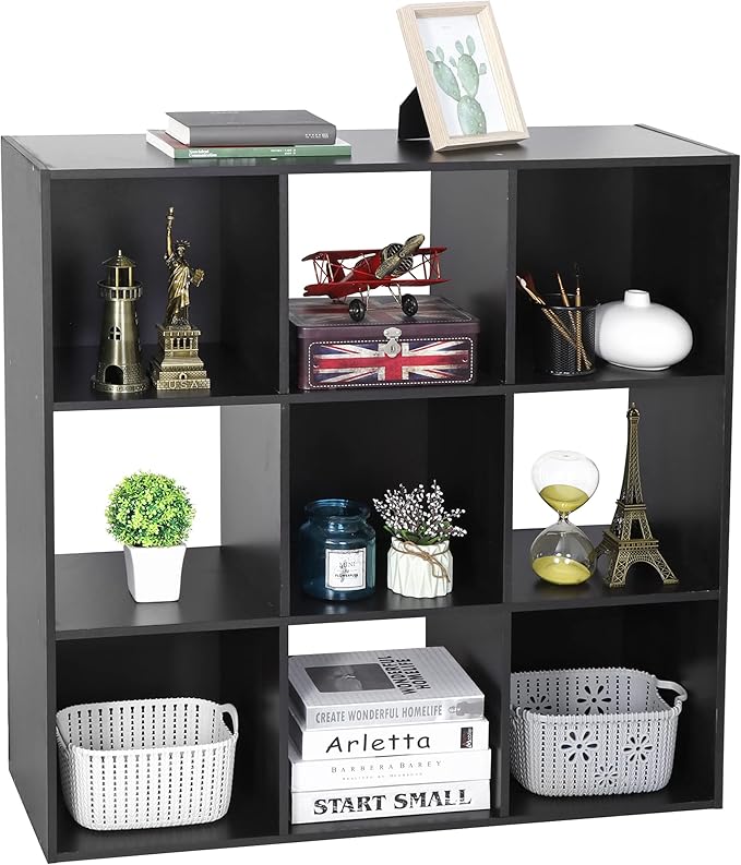 JupiterForce 9 Cube Storage Organizer Wooden Display Shelf W/ 5 Removable Back Panels, Customizable Bookcase Bookshelf for Home, Office, Bedroom and Living Room (Black)