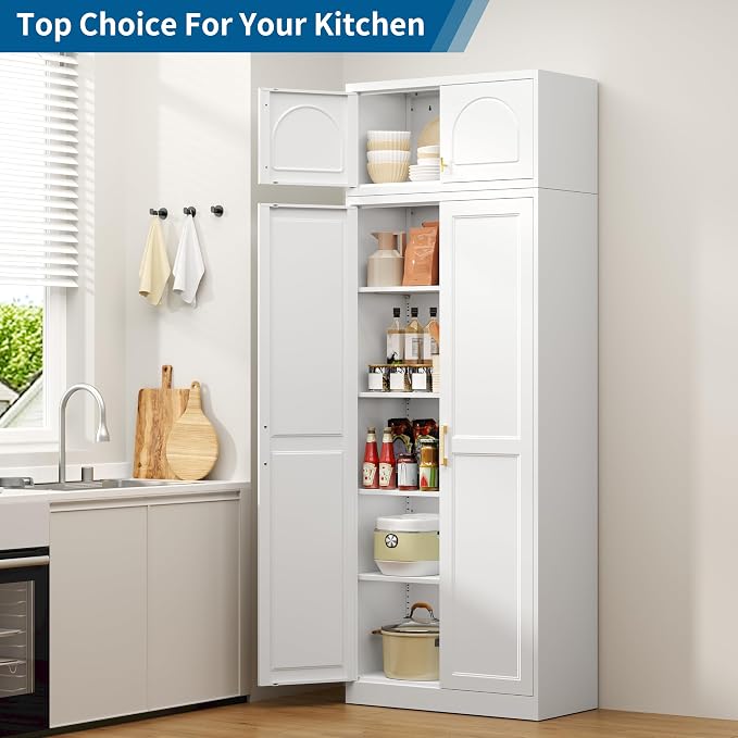 86" Tall Metal Kitchen Pantry Storage Cabinet with Doors | Extra Large Heavy Duty Steel Cabinet, 4 Adjustable Shelves, Easy-Access Gold Handles, White, 2 Packages, Home Office Pantry