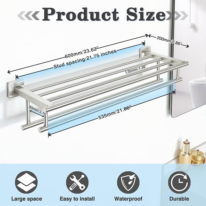 Alise Double Towel Rack for Bathroom,24 Inch Bathroom Tower Holder Towel Shelf with Double Towel Bars Wall Mount,SUS304 Stainless Steel Towel Hanger Double Tower Bar for Bathroom Wall,Brushed Nickel | Bathroom Tower Holder Towel Shelf with Double Towel...