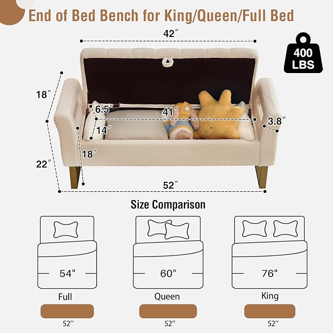 52" Storage Bench for Bedroom Upholstered End of Bed Bench Queen Size Beige | Bedroom Benches for Foot of Bed Queen with Gold Legs,2 Pillows,Teddy Storage Ottoman Bench for Bedroom,Entryway,Cloakroom