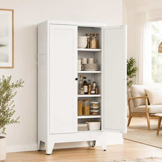 Metal Pantry Cabinet, 47" Kitchen Pantry Cabinet with 2 Doors and 3 Adjustable Shelves, White Steel Storage Cupboard for Dining, Office, Living Room, Bathroom