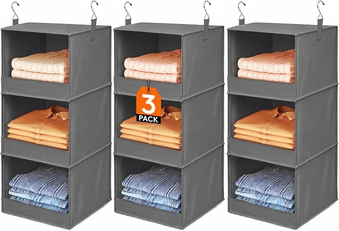 Lifewit 3 Tier Hanging Clothes Storage Organizer for RV, 3 Pack, Gray | Front Anti-Slip Closet Storage Hanger with 2 Sturdy Hooks, Vertical Foldable Sweater Organization for Shelf, Wardrobe, Dorm