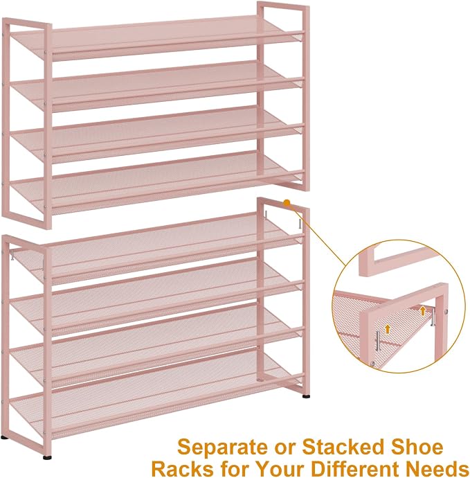 Large Shoe Rack 8 Tier Shoe Organizer, Heavy Duty Metal 4-Tier Stackable Shoe Storage Vertical Shoe Rack for Closet Front Door Entrance, Up to 50 Pairs, 44.8" W x 11.4" D x 56.7" H, Pink