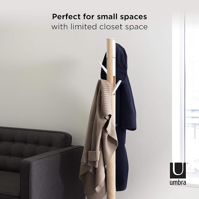 Umbra Flapper Coat Rack, Flip Down Clothing Rack, 9 Hooks, White/Natural