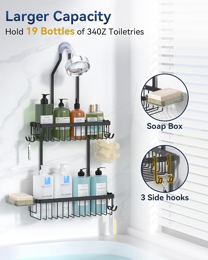 YASONIC Never Rust Shower Caddy Hanging, Aluminum Shower Racks for Inside Shower, 2-Tier Shower Organizer Hanging Over Shower Head with Hooks and Soap Holder, Black