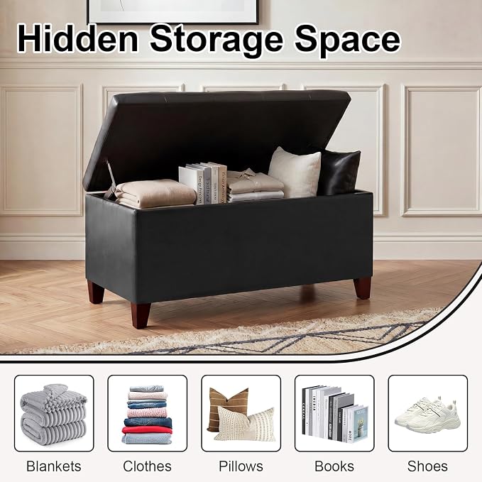 Storage Ottoman Bench, 33" Faux Leather Upholstered End of Bed Bench with Safety Hinge,Wooden Legs,for Entryway Bedroom Living Room,Black