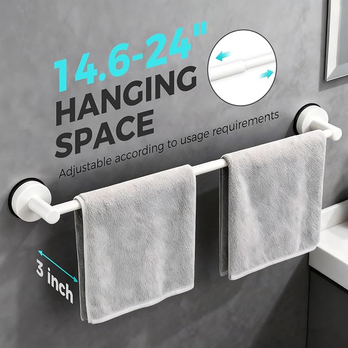 Adjustable Suction Cup Towel Bar for Bathroom Wall,14.6Inch~24 Inch Towel Racks for Bathroom,Stainless Steel Bath Towel Holder for Shower,2 Pack(Matte White)