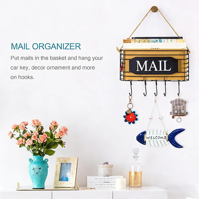 SRIWATANA Rustic Mail Organizer Wall Mount, 5 Key Hooks, Small Size, Black | Mail Holder Key Holder for Wall, Hanging Mail Sorter, Letter Basket for Receipts Bills Envelopes, Home & Office Organizer