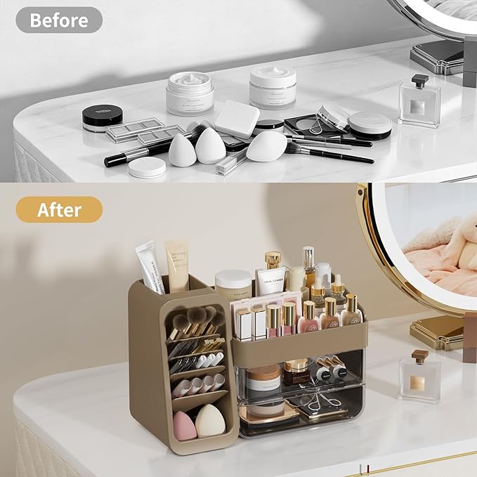 Countertop Makeup Skincare Organizer with Adjustable Brush Holder, Taupe | Extra Thick Plastic, Clear Drawers, Large Bathroom Vanity Counter Organizer, Cosmetic Storage for Perfume, Lipstick, Palettes