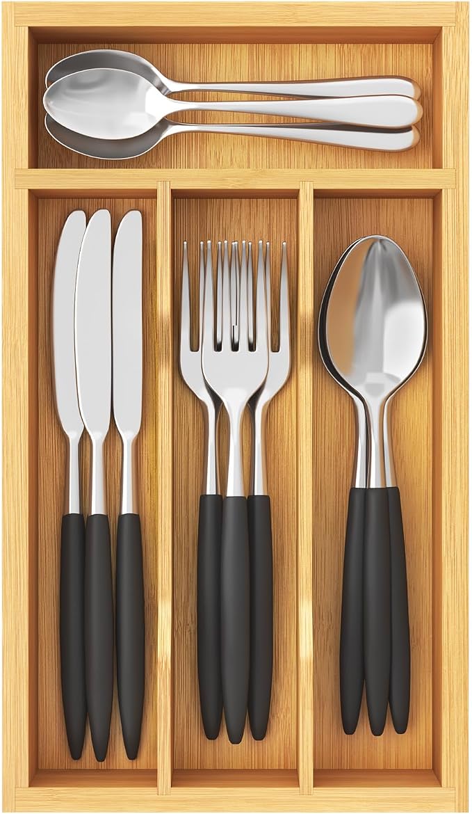 Lifewit Silverware Drawer Organizer, Wooden Utensil Tray for Kitchen | Flatware and Cutlery Holder, Adjustable Storage for Spoons Forks Knives, 6.9 x 12.8", Natural
