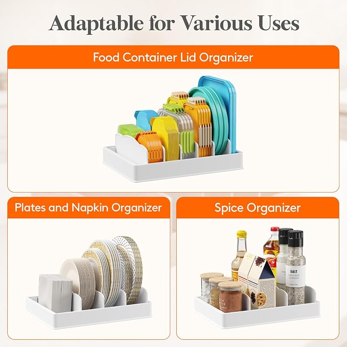 Lifewit Kitchen Cabinet Organizer for Food Contanier Lid, Lid Holder with 6 Adjustable Dividers & 7 Sections for Pantry Organizers and Storage, Home Drawer Organization, Large, 13" x 10"